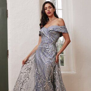 NEW LONG OFF SHOULDER SLEEVELESS LACE EMBELLISHED DRESS WITH OVERSKIRT CD J836